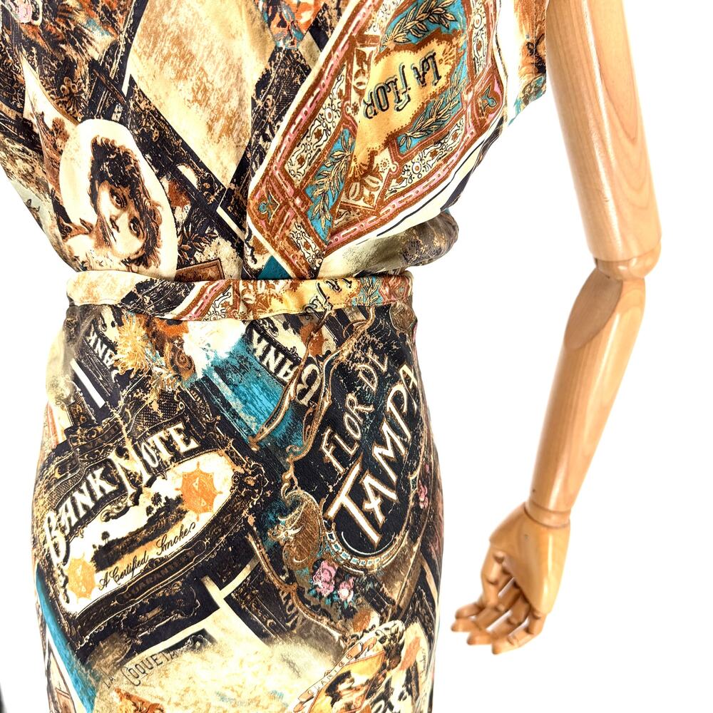 Vintage Y2K Double D Ranch Brown 100% Silk Ephemera Print Blouse Skirt Set - Picture 8 of 11